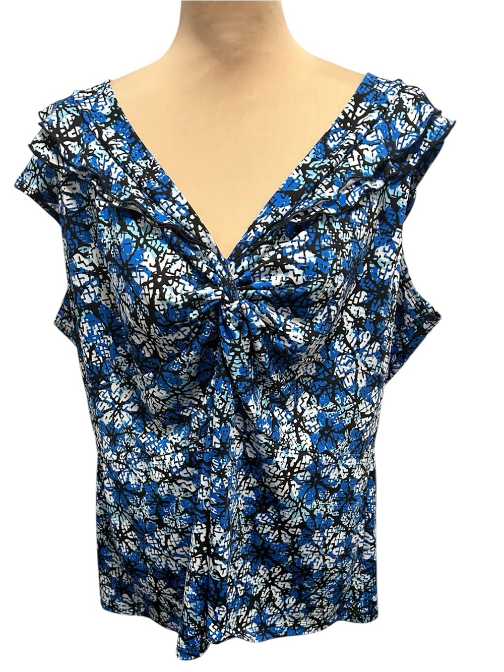 Susan Lawrence Women’s Plus Size 2X Blue Floral Top V-Neck Short Ruffled Sleeves
